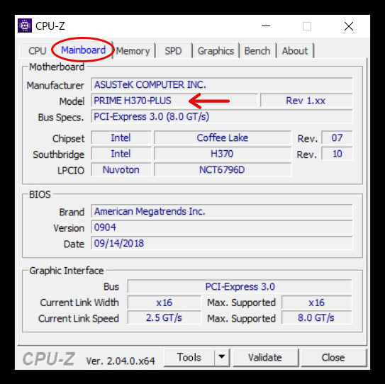 CPU-Z　マザーボードの確認　Mainboardタブ