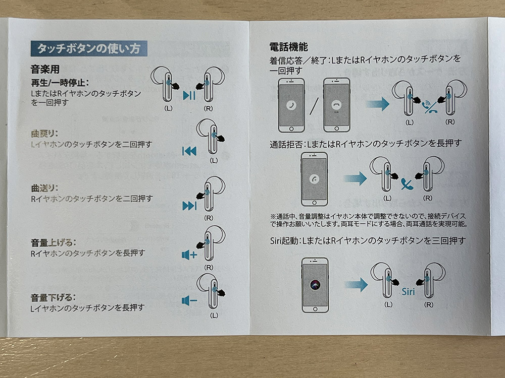 ワイヤレスイヤホン T09 日本語取説　操作方法